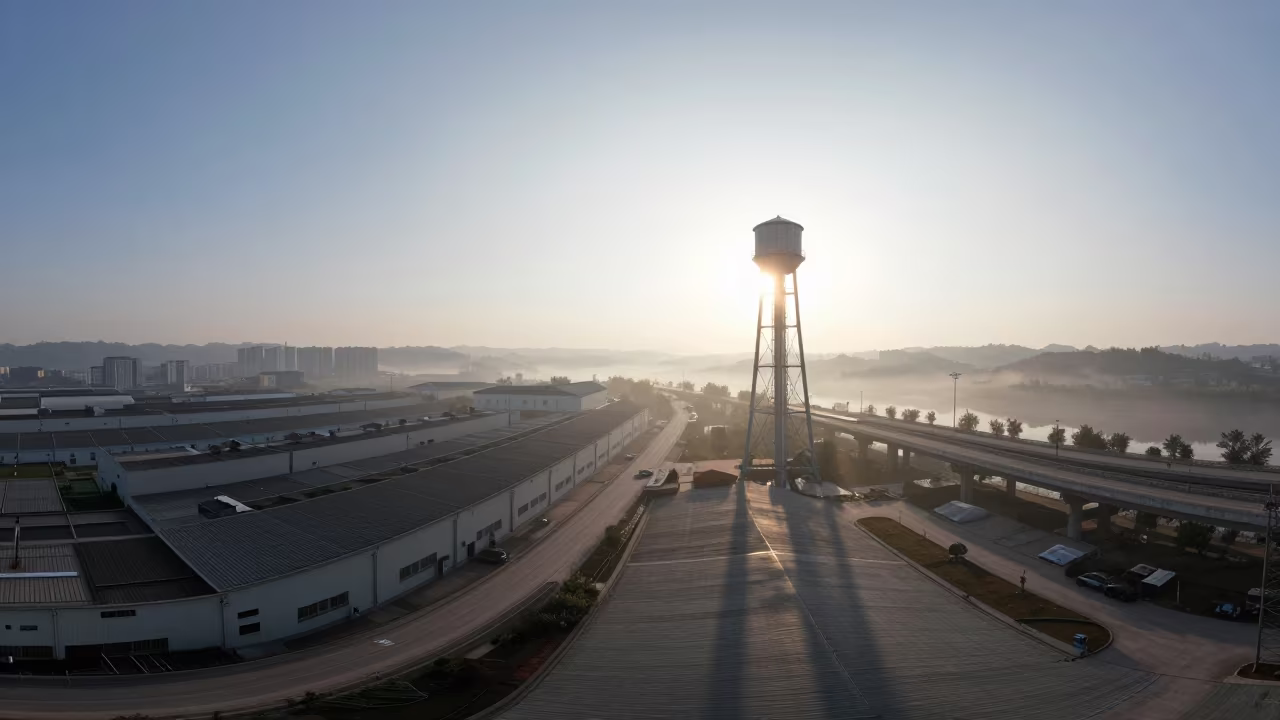 Water Tower Shadow Over Chongqing Warehouses Dawn in across a windy overpass interchange near Chongqing