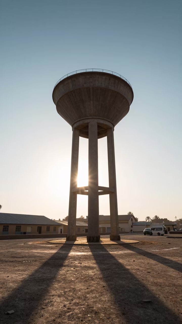Water Tower Shadow Over Omdurman Warehouses at Dawn in beside a storm surge barrier in Omdurman