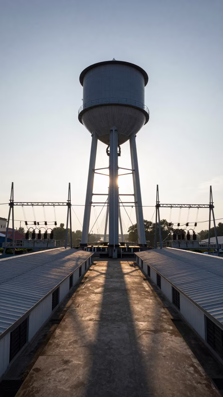 Water Tower Shadow Over Semarang Warehouses at Dawn in under a cable-stayed bridge span in Semarang