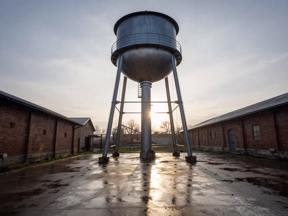 Water Tower Shadow Over North Macedonian Warehouses in beside a water tower ladder in North Macedonia
