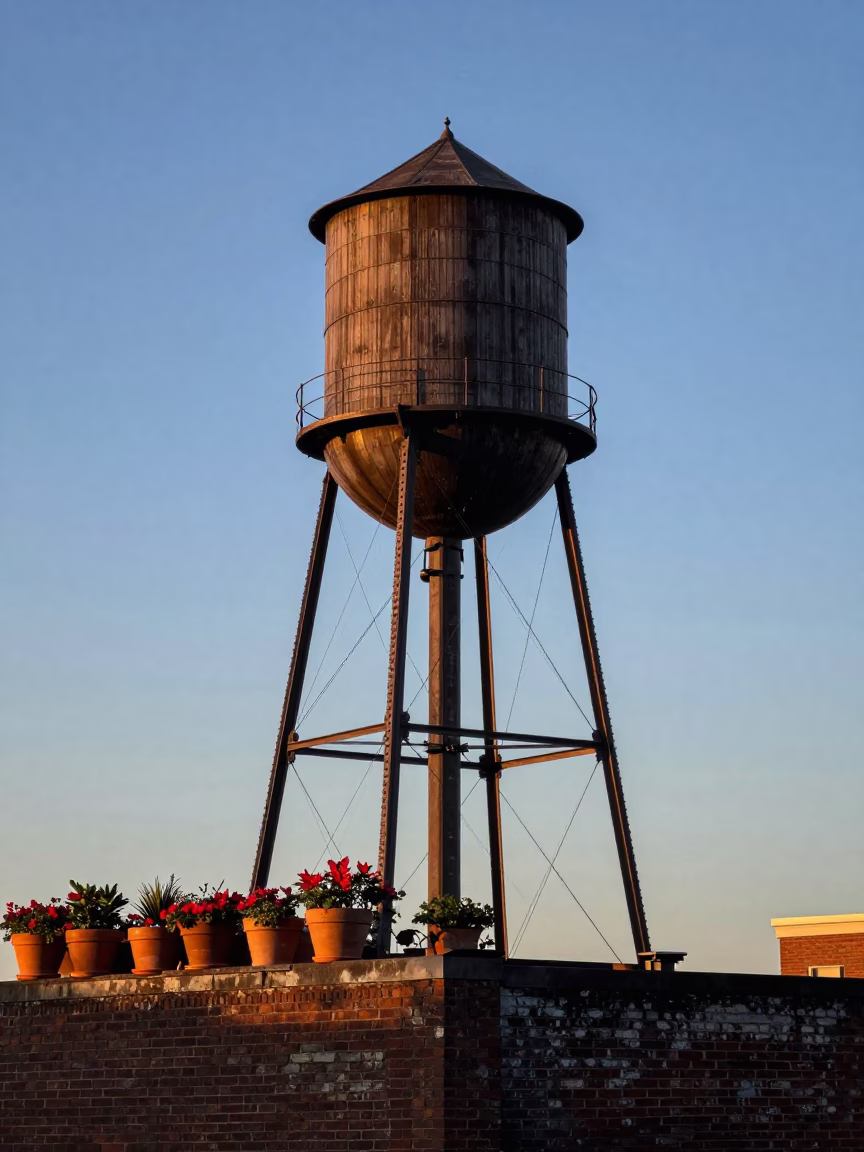 Water Tower Silhouette Against Honeyed Evening Light on New York Rooftop with Geraniums in in New York, New York, United States