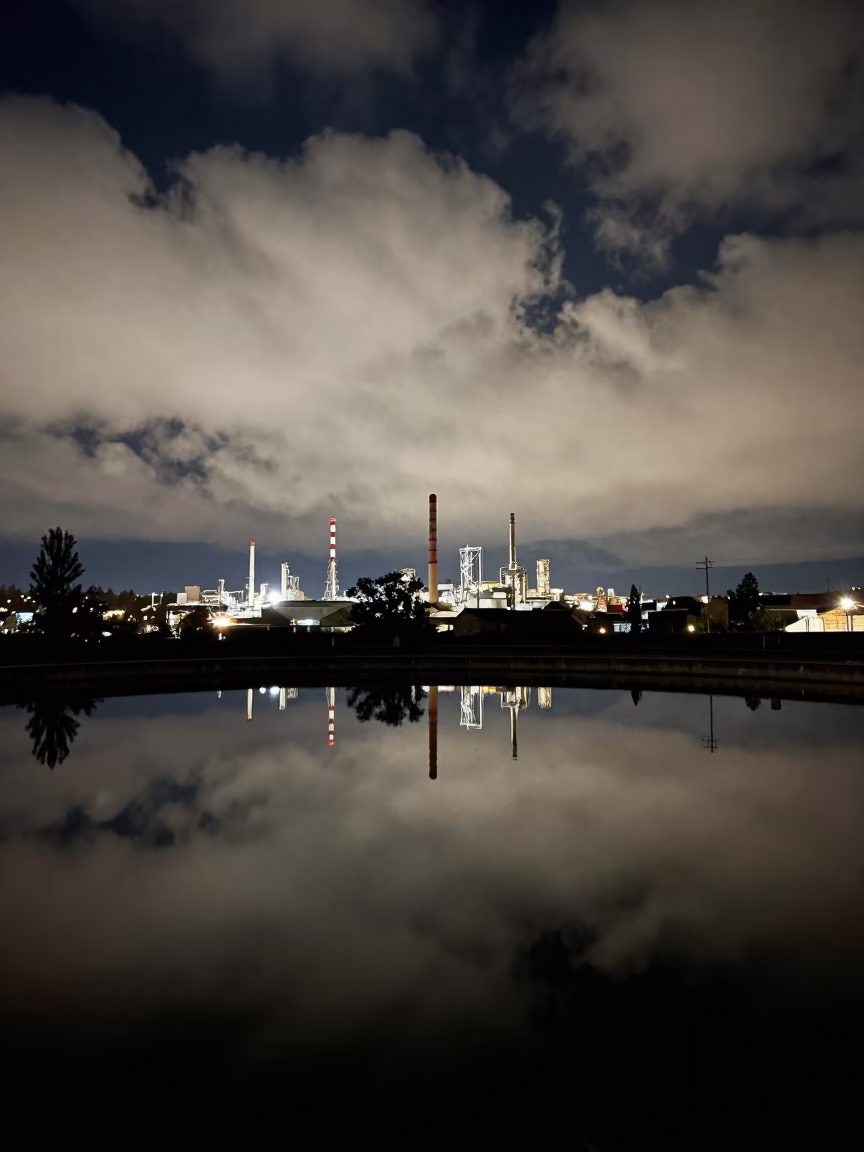 Water Treatment Basin Reflecting Industrial Clouds in Portland in in Portland, Oregon, United States