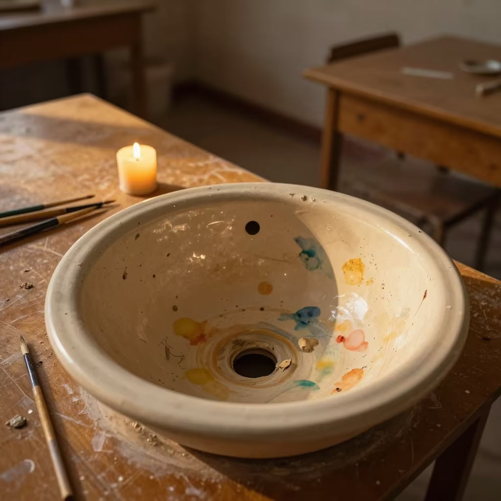 Watercolor and Clay Stained Sink in Duhok Classroom in inside a quiet classroom in Duhok