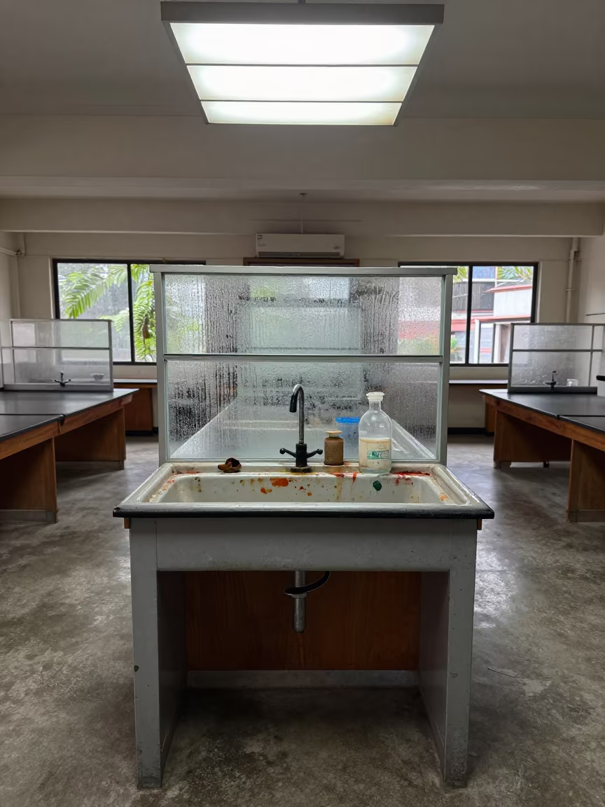 Watercolor and Clay Stained Sink in Mumbai School Lab in in a school laboratory in Mumbai