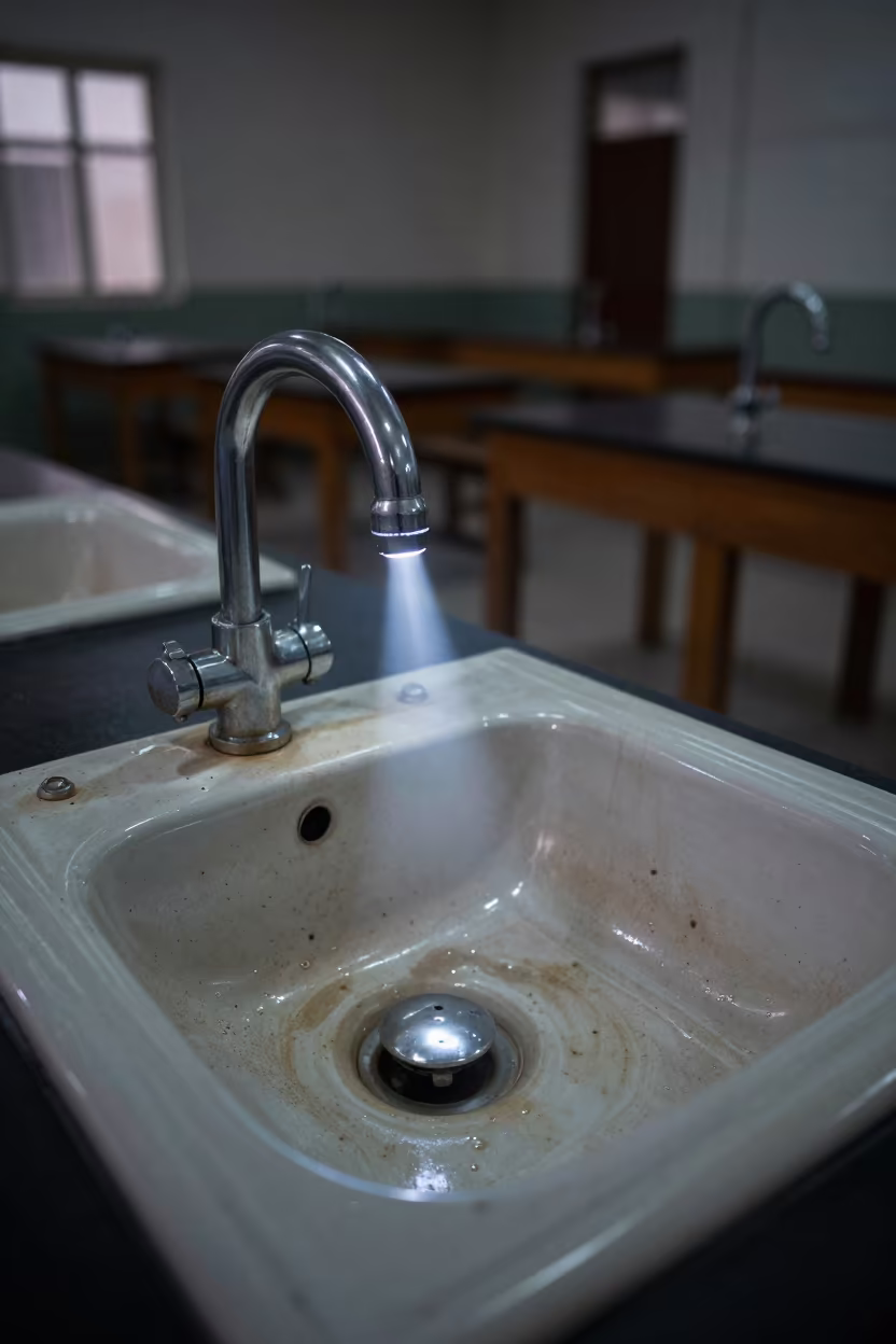 Watercolor Clay Stained Sink in Peshawar Classroom in in a school laboratory in Peshawar