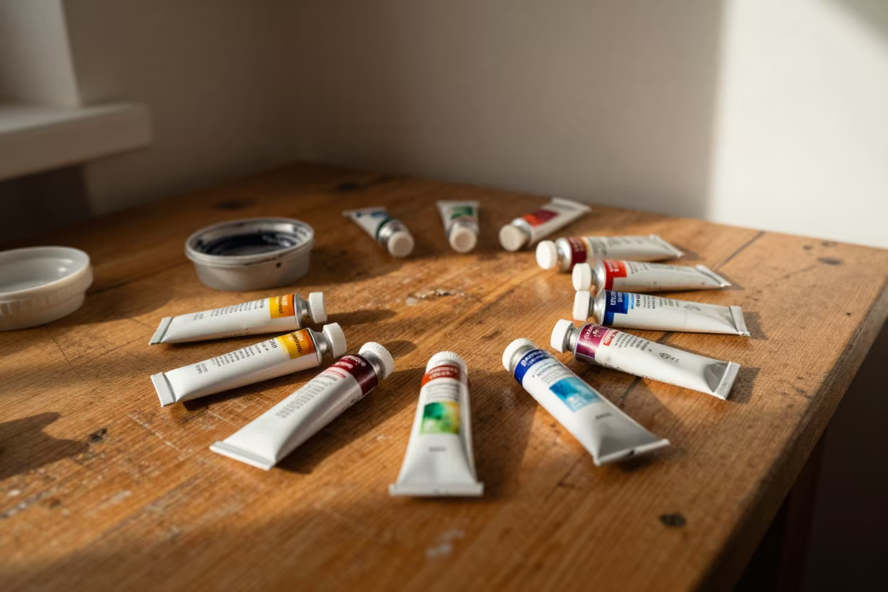 Watercolor Paints on Abakan Workbench in on a wooden workbench in Abakan