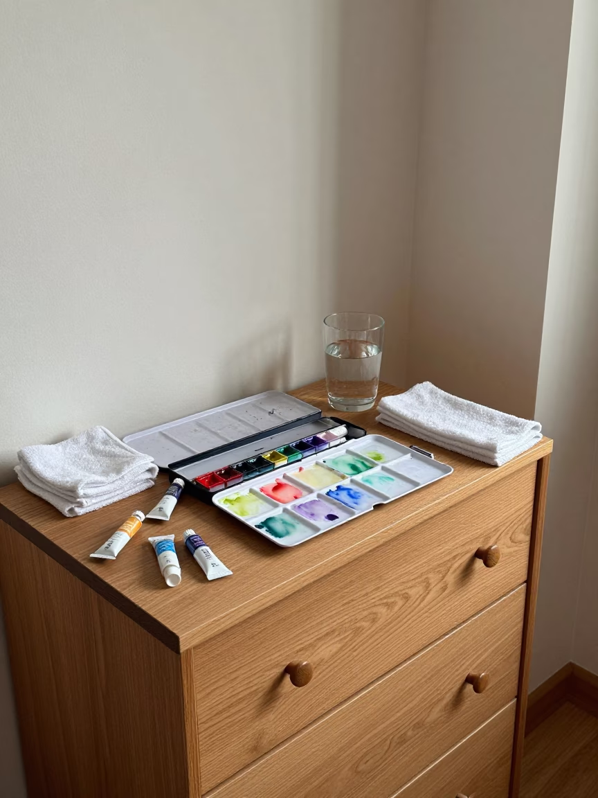 Watercolor Paints on Belas Hotel Dresser Midday in on a hotel dresser in Belas