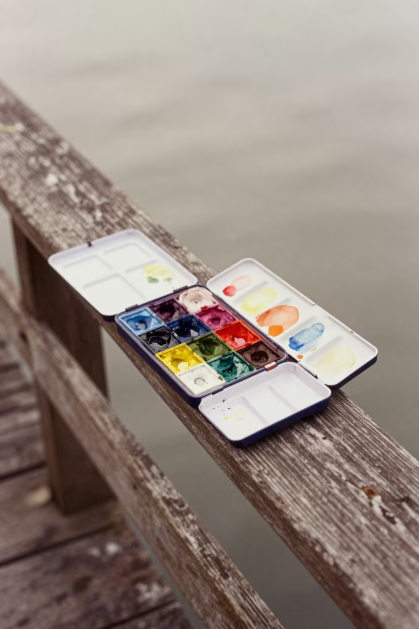 Watercolor Paints on Pier Railing Prato Winter in on a pier railing near Prato