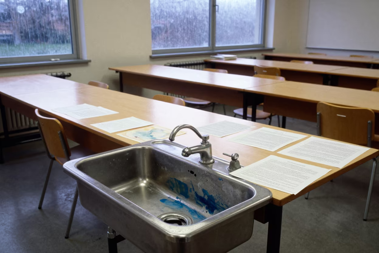 Watercolor Stained Sink in Basel Art Classroom in at a seminar table covered in notes in Basel
