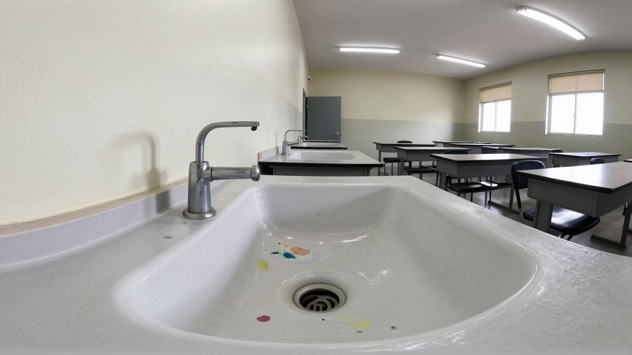 Watercolor Stained Sink in Huacho Classroom in in a lecture hall before the crowd arrives in Huacho