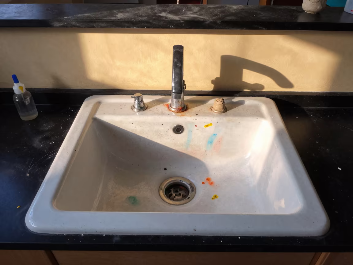 Watercolor Stained Sink in Kota School Lab in in a school laboratory in Kota