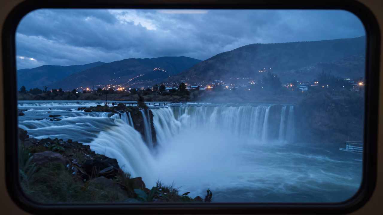 Waterfall Blur Through Train Window Cusco Twilight in on a wind-open causeway near Cusco