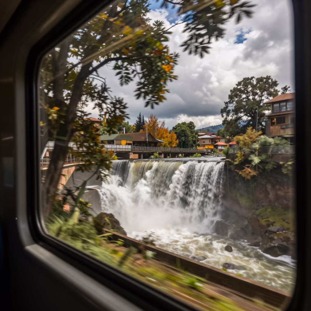 Waterfall Blur Through Train Window in on a wind-open causeway near Medellín
