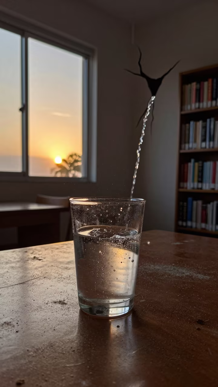 Waterfall Bubbles in Monsoon Library Sunset in on a dusty library table near Dania