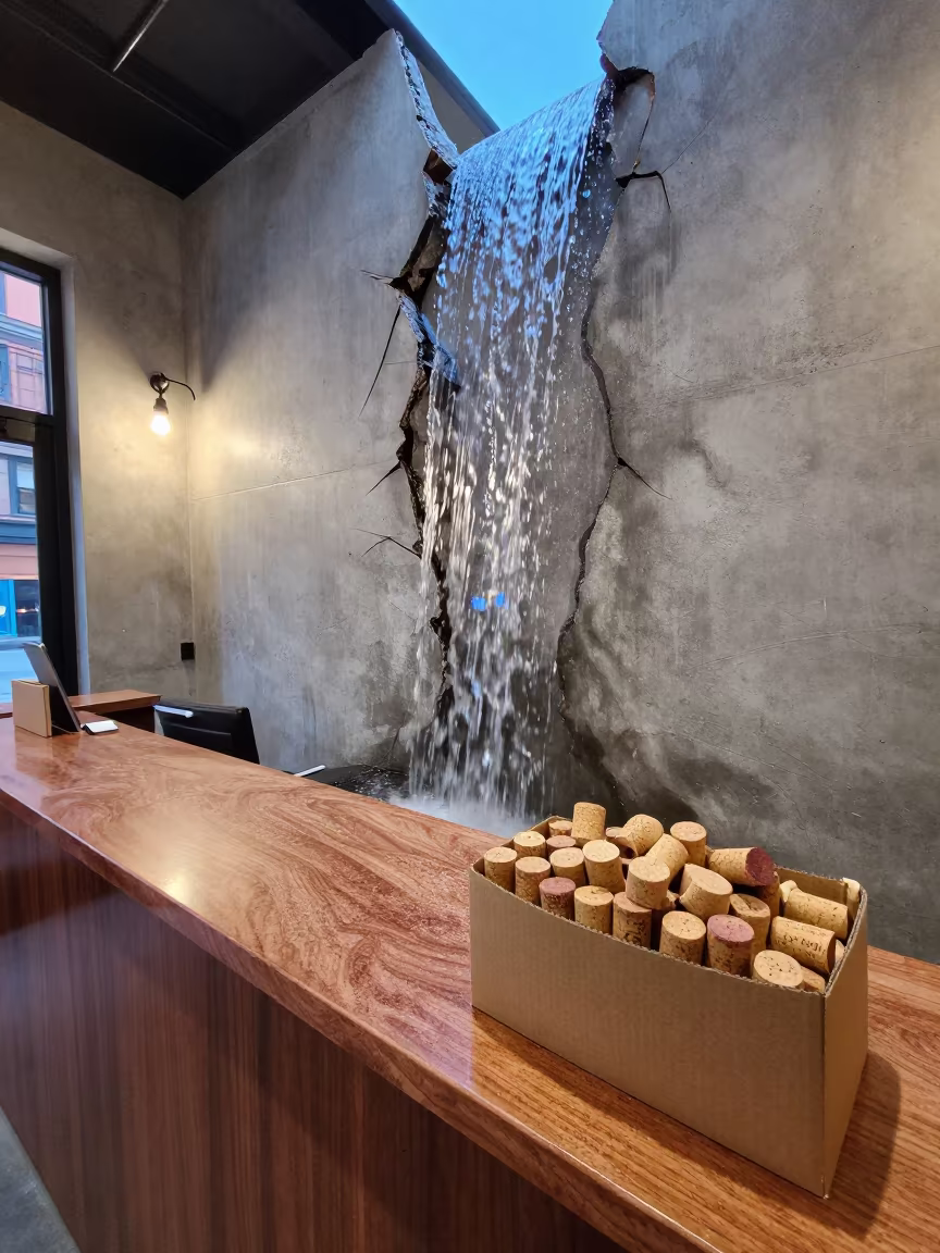 Waterfall Cork Bin Salon Surreal Neon Light in at a salon reception counter near Dumbo, New York