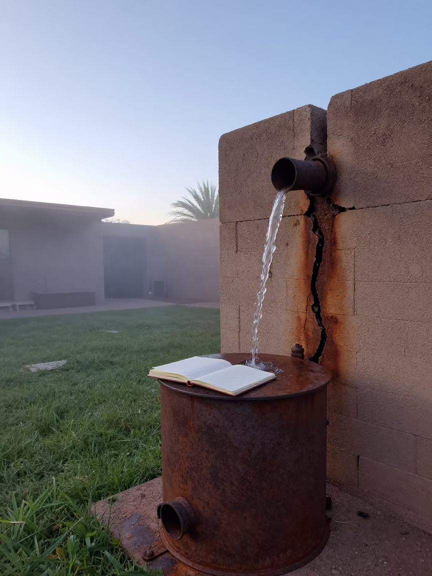 Waterfall From Crack in Wall Over Notebook in through a courtyard reclaimed by grasses near Tucson