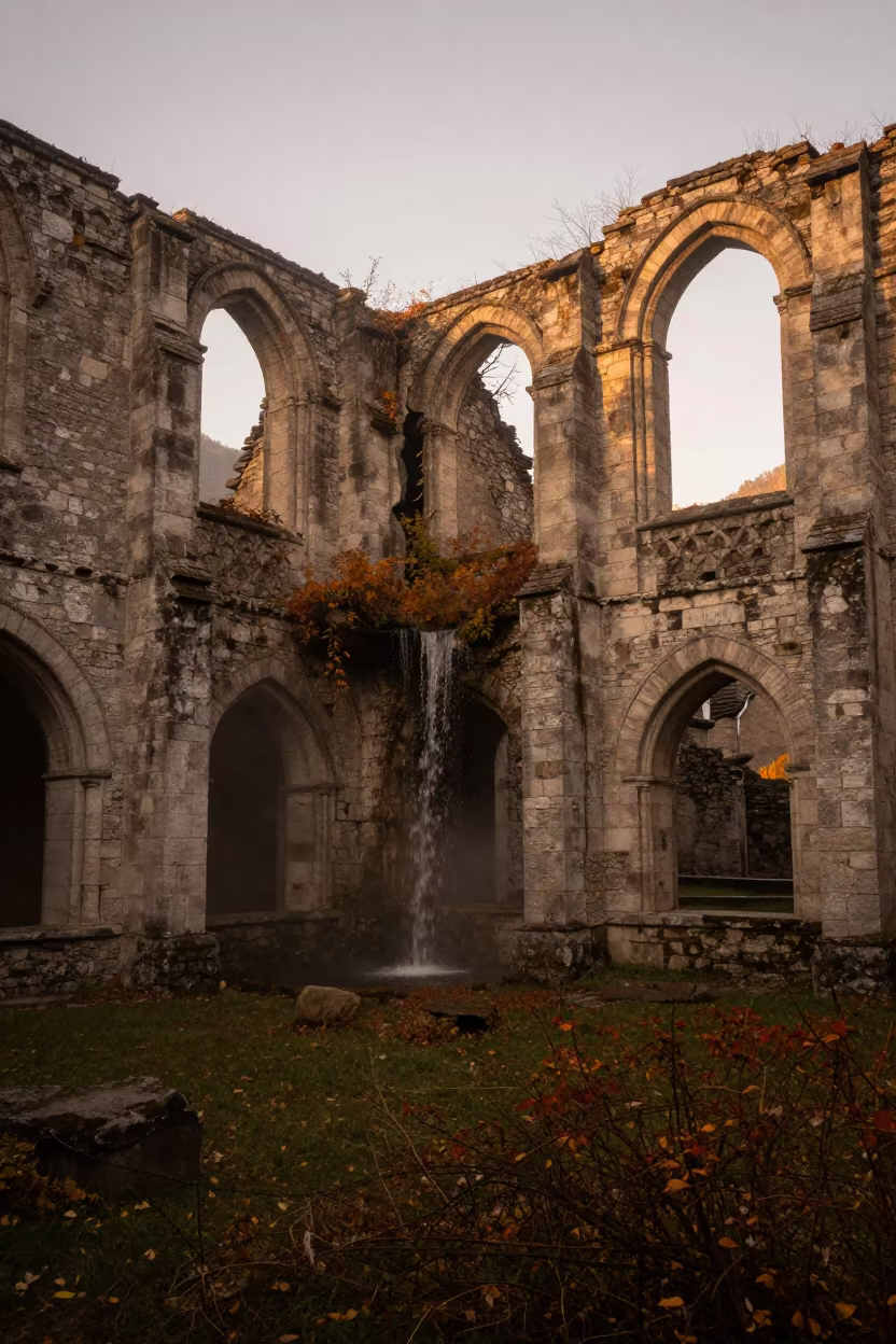 Waterfall Falls From Abbey Wall In Andorra in beneath a stone arcade in an abbey court in Andorra
