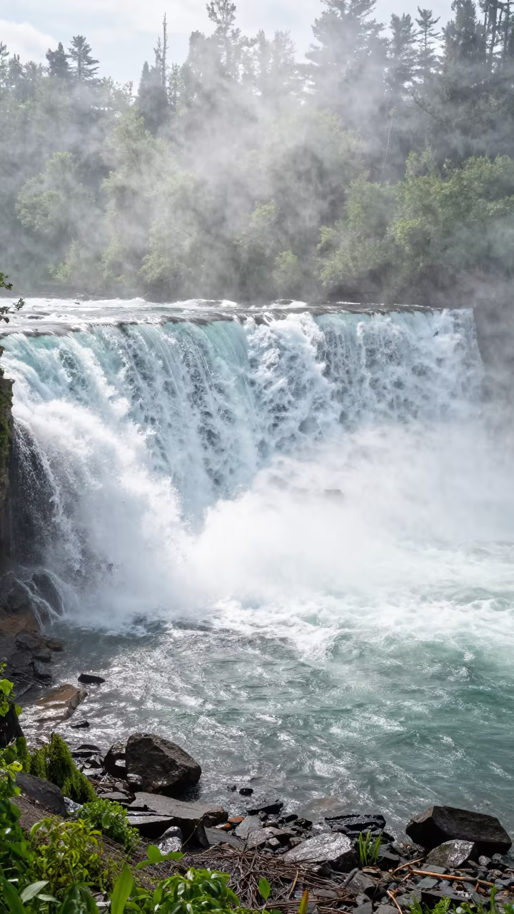 Waterfall Falls Into Misty Pool Canada Shoreline in along a wave-cut shoreline in Canada