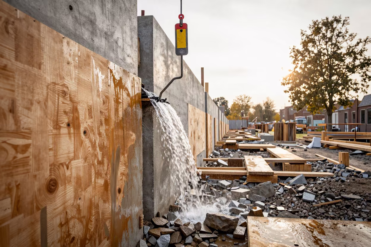 Waterfall from Crack in Delft Construction Wall in inside a taped-off excavation edge near Delft