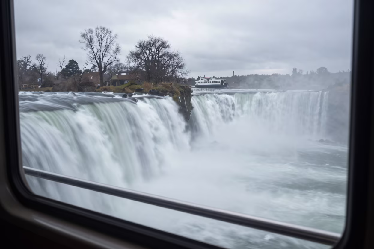 Waterfall Motion Blur Through Moving Train Window Peru in across a remote ferry crossing in Peru
