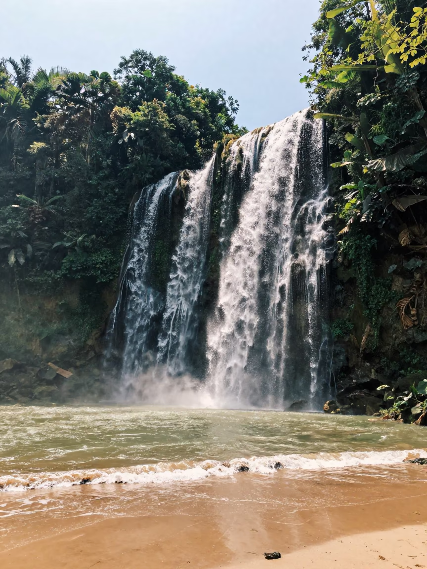 Waterfall Plunges onto Yunnan Wave-Cut Shoreline in along a wave-cut shoreline in Yunnan