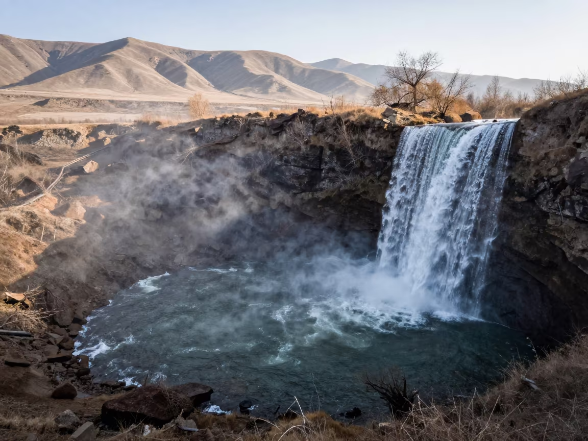Waterfall Plunging Into Misty Plunge Pool in across a floodplain after rain near Bishkek