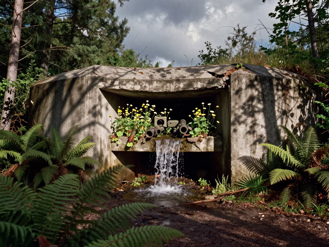 Waterfall in Ruined Gun Emplacement Amid Ferns in on a fern-lined forest floor near Kosti