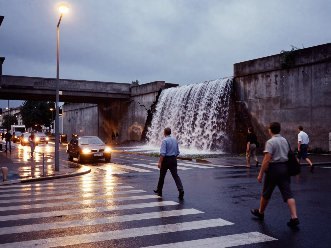 Waterfall Rush Hour Commuters Underpass in beneath a flickering underpass light in Trieste