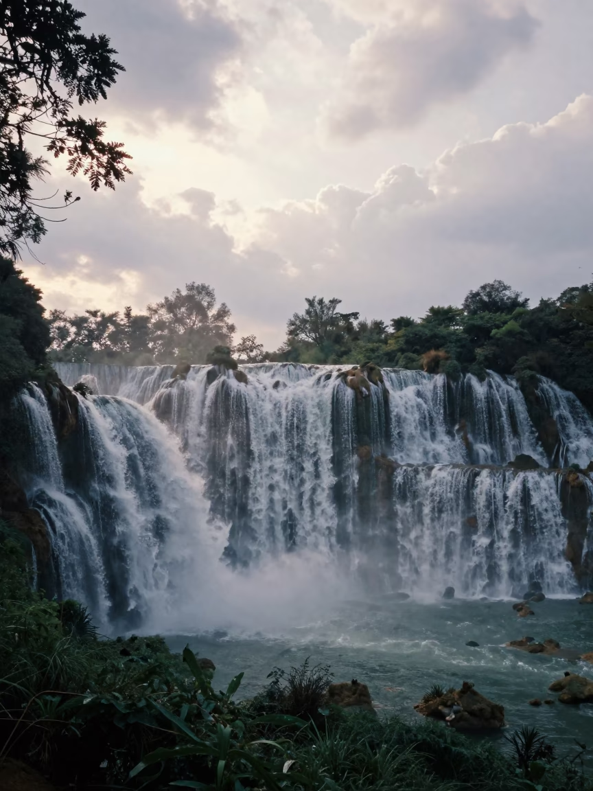 Waterfall Silhouette Through Rain Curtain Yunnan in across a floodplain after rain in Yunnan