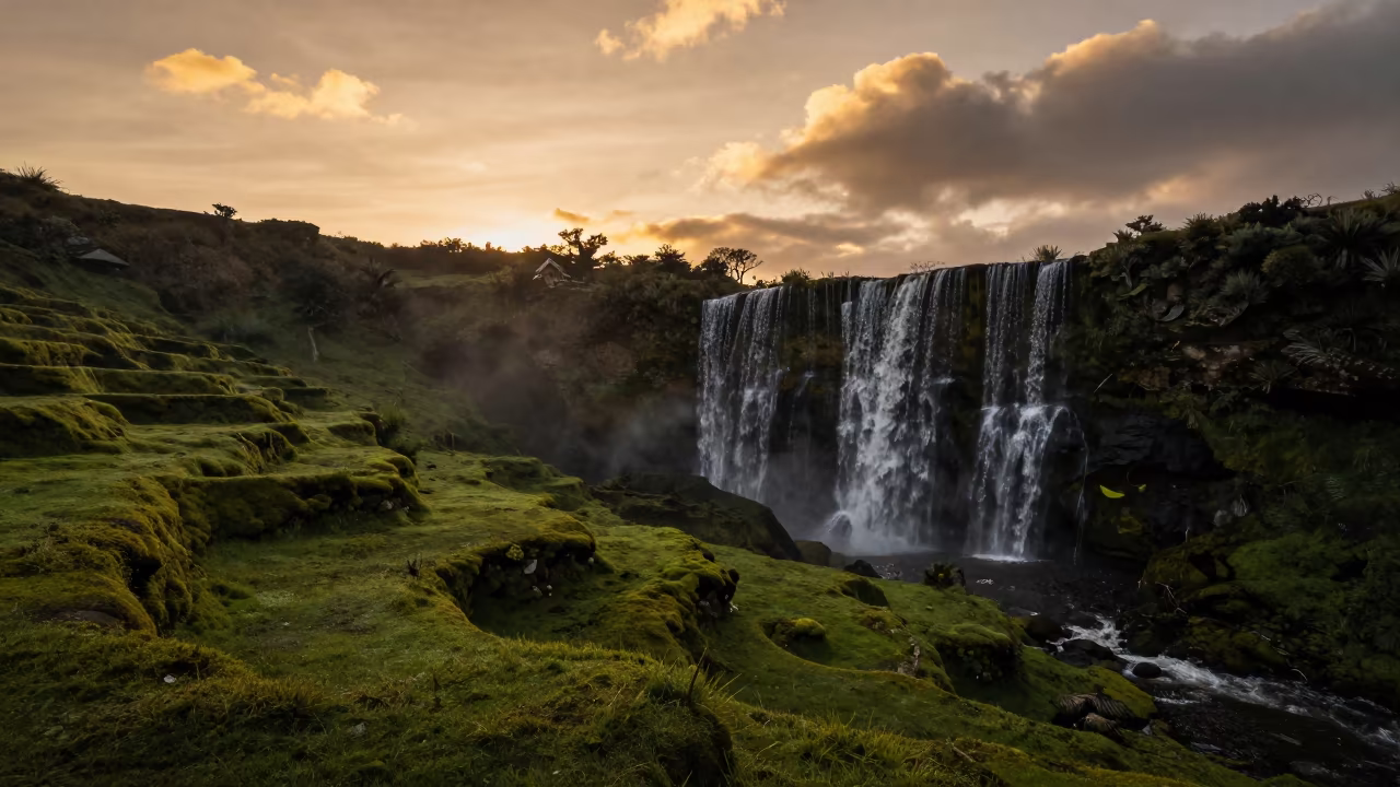 Waterfall Silhouetted Over Mossy Terraces Colombia in across a wide valley floor in Colombia