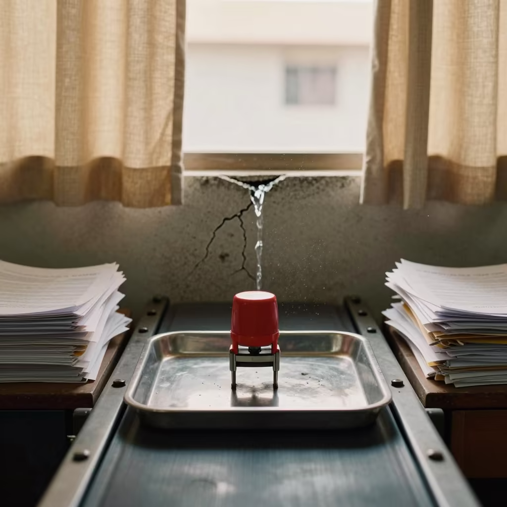 Waterfall from Wall Crack Above Dispatch Tray in at a parcel sorting belt near Yamoussoukro