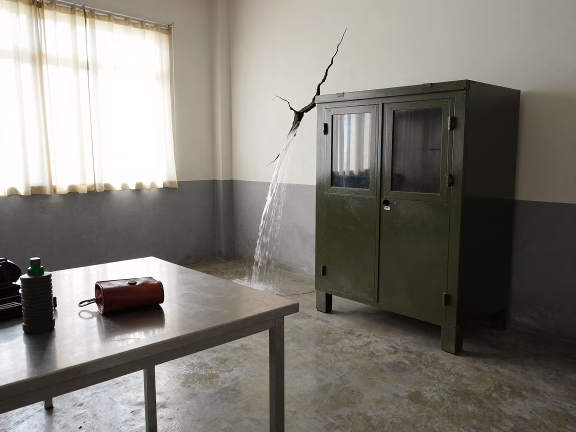Waterfall from Wall Crack in Military Bay in in an armored vehicle bay near Bhopal