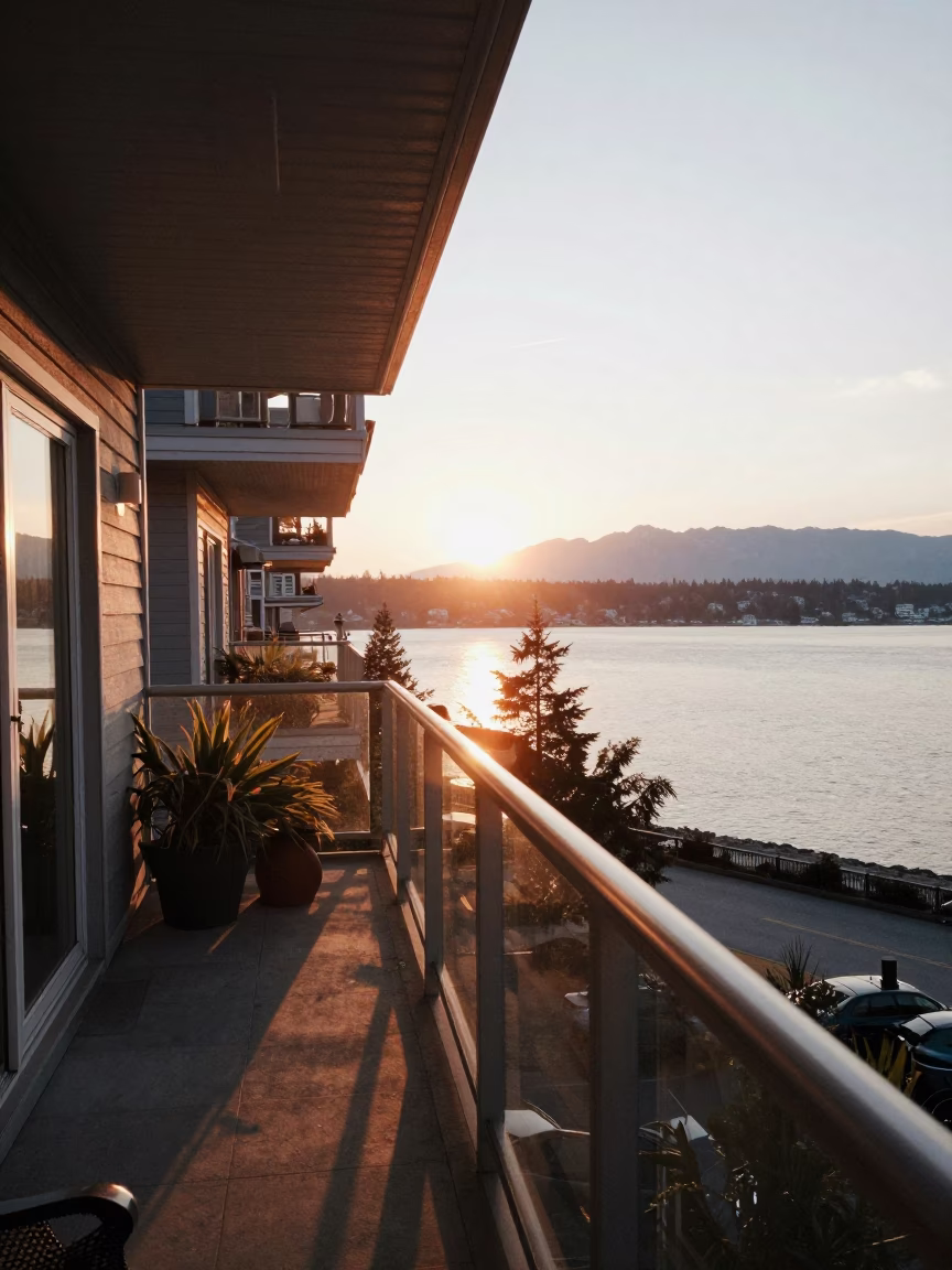 Waterfront at As The Sun Drops Toward The Horizon in Vancouver in in Vancouver, British Columbia, Canada