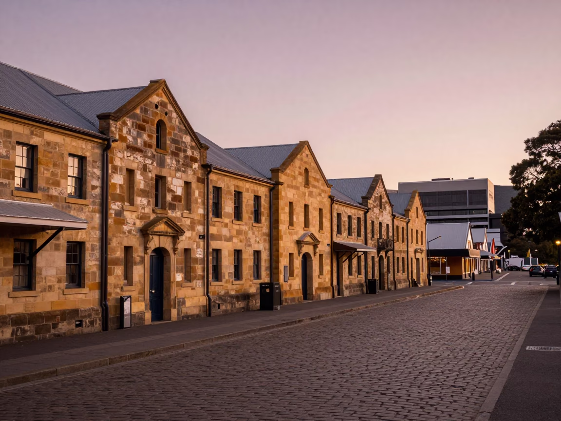 Waterfront Dusk in Hobart at Copper-toned Light Before Dusk in in Hobart, Tasmania, Australia