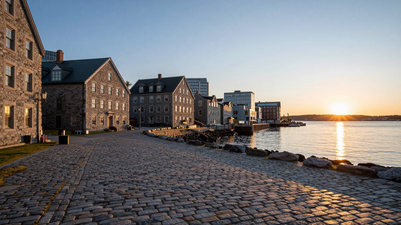 Waterfront Historic Stone Architecture And Harbor Activity in Halifax in in Halifax, Nova Scotia, Canada