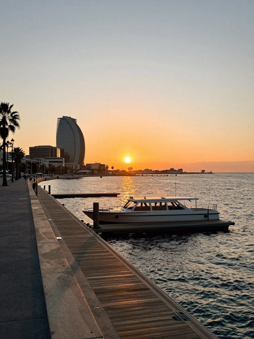 Waterfront in Barcelona at As The Sun Drops Toward The Horizon in in Barcelona, Spain