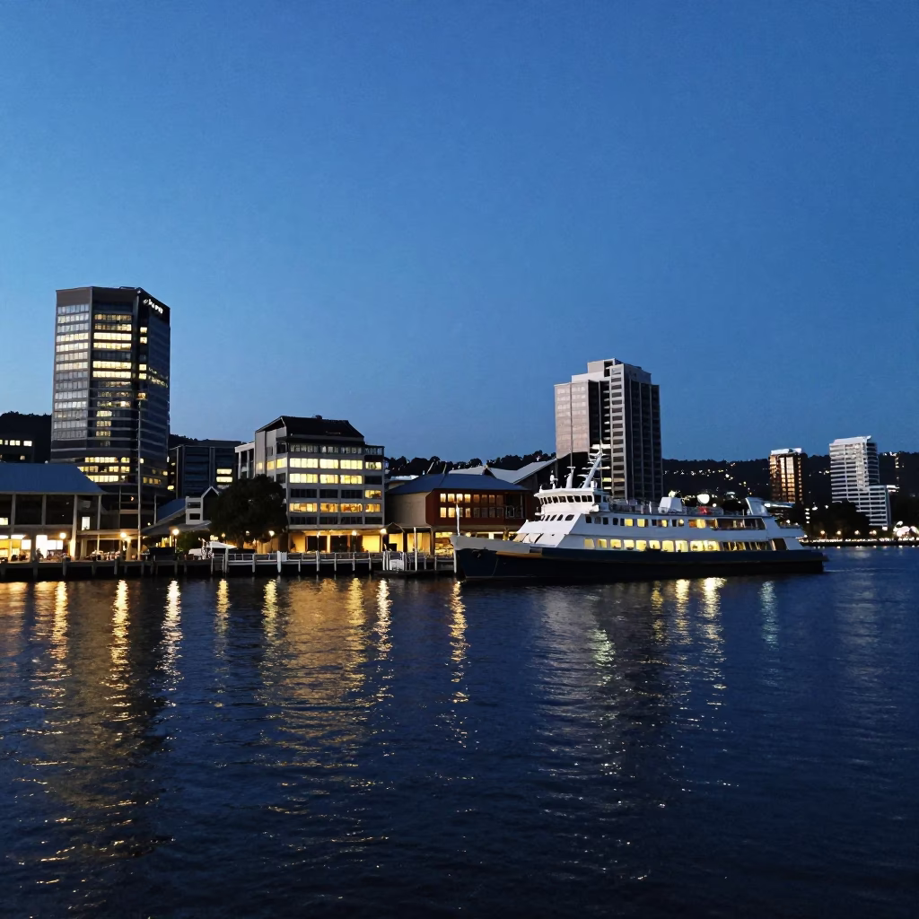 Waterfront in Hobart at As City Lights Begin To Glow in in Hobart, Tasmania, Australia