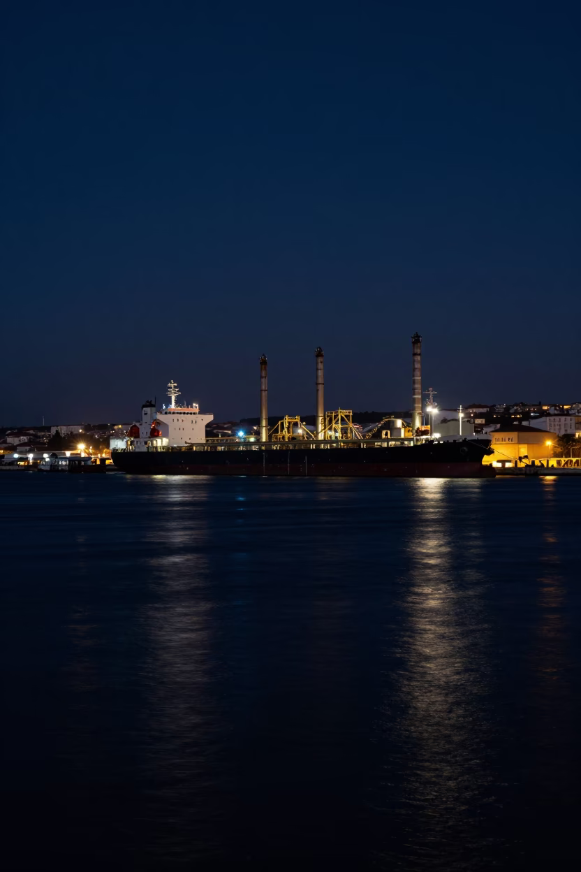 Waterfront in Lisbon at Deep In The Night Light in in Lisbon, Portugal