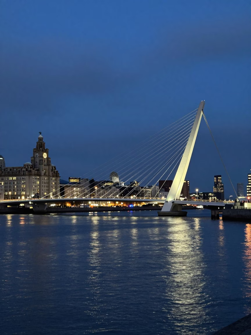 Waterfront in Liverpool at As City Lights Begin To Glow in in Liverpool, United Kingdom