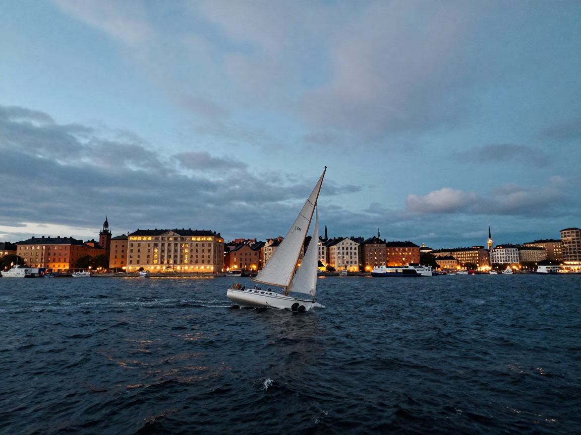 Waterfront in Stockholm at As City Lights Begin To Glow in in Stockholm, Sweden