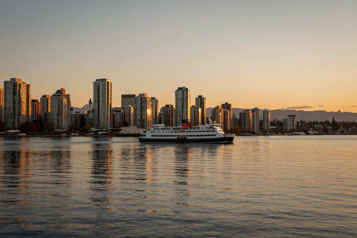 Waterfront in Vancouver at Honeyed Evening Light in in Vancouver, British Columbia, Canada