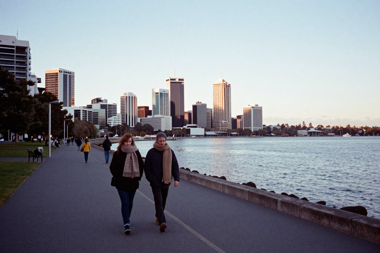 Waterfront Promenade in Perth at As First Light Reaches The Scene in in Perth, Western Australia, Australia