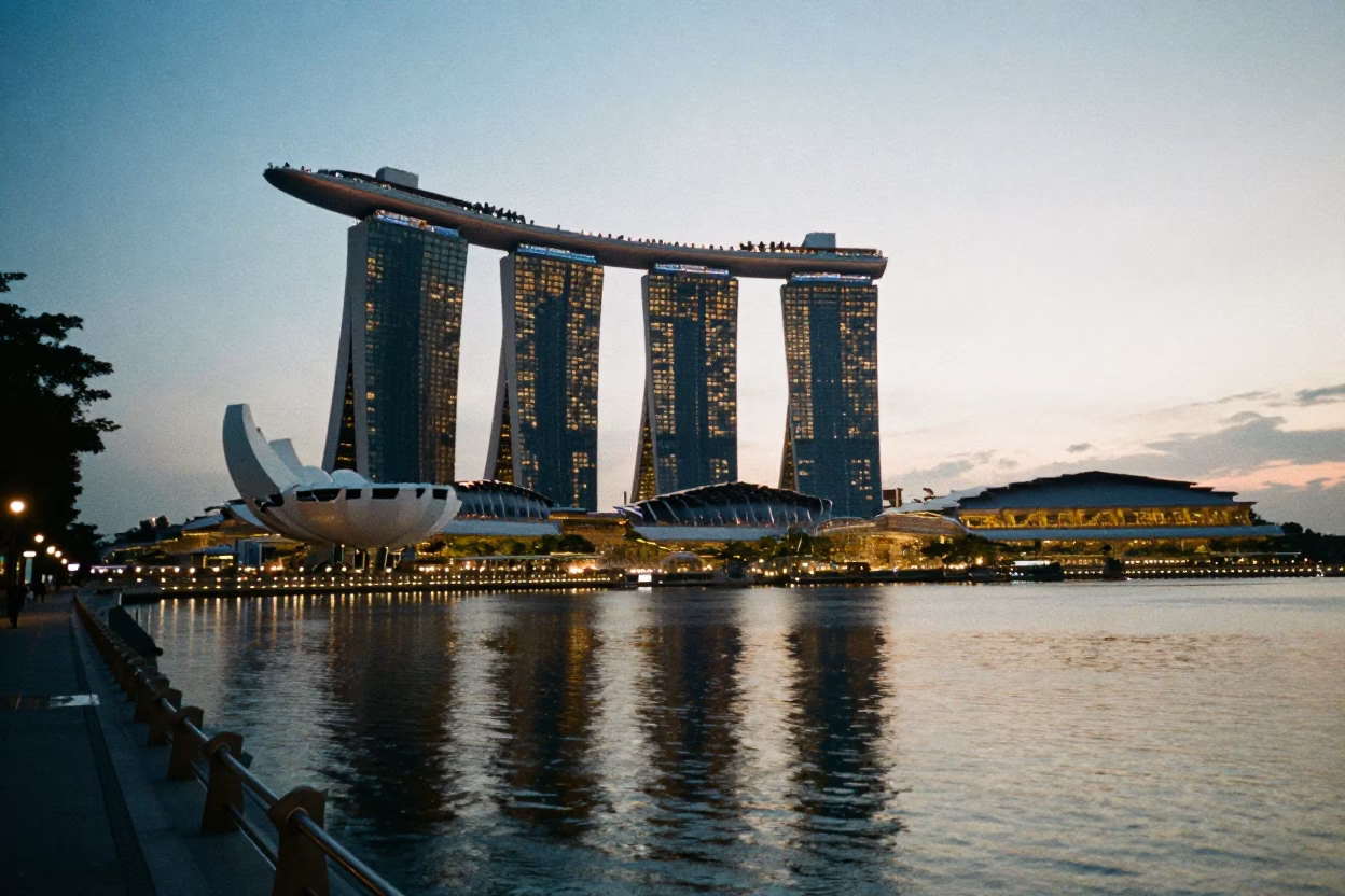 Waterfront Promenade in Singapore at The Still Hours Before Dawn Light in in Singapore, Singapore