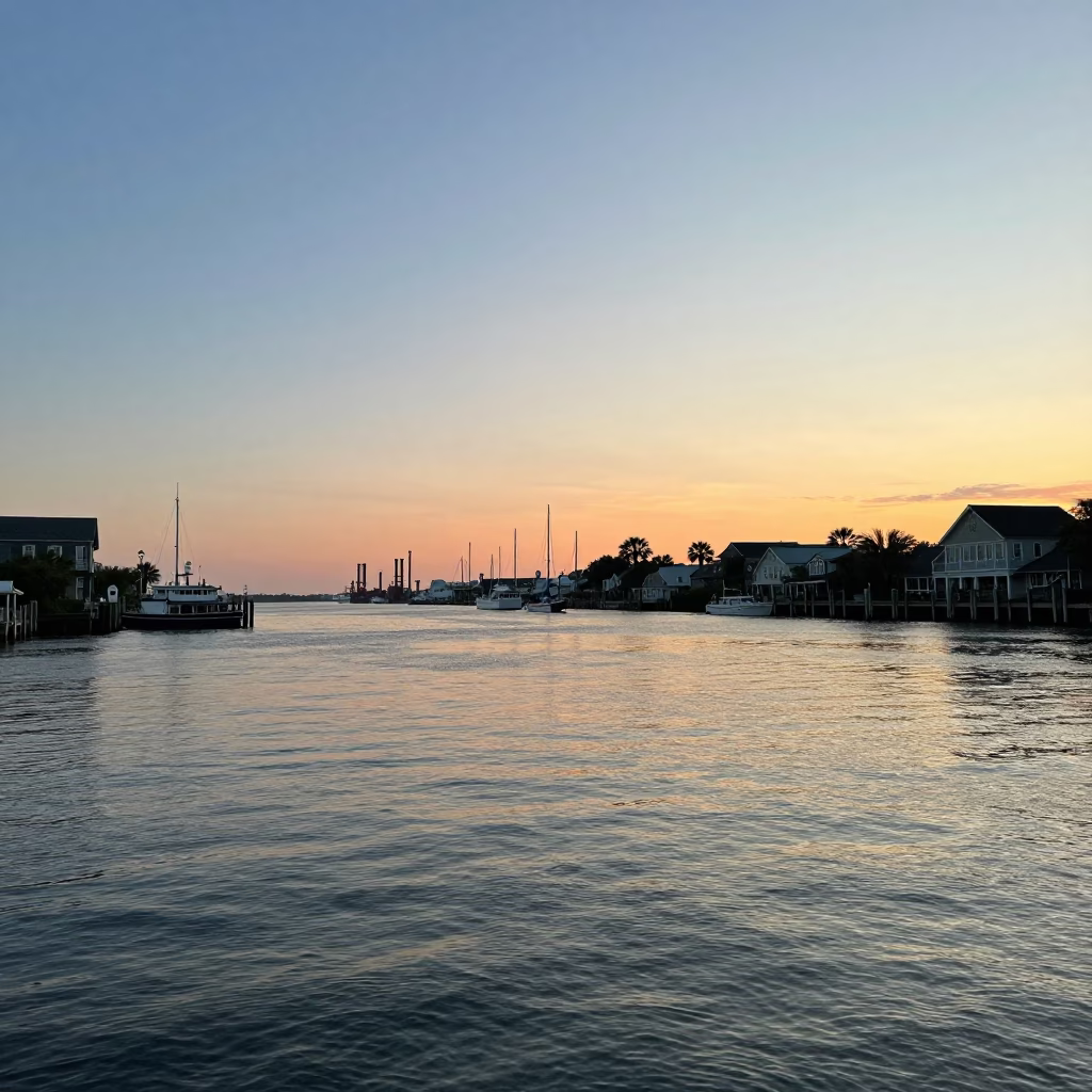 Waterfront Scene at Nautical Dawn Light in Charleston in in Charleston, South Carolina, United States