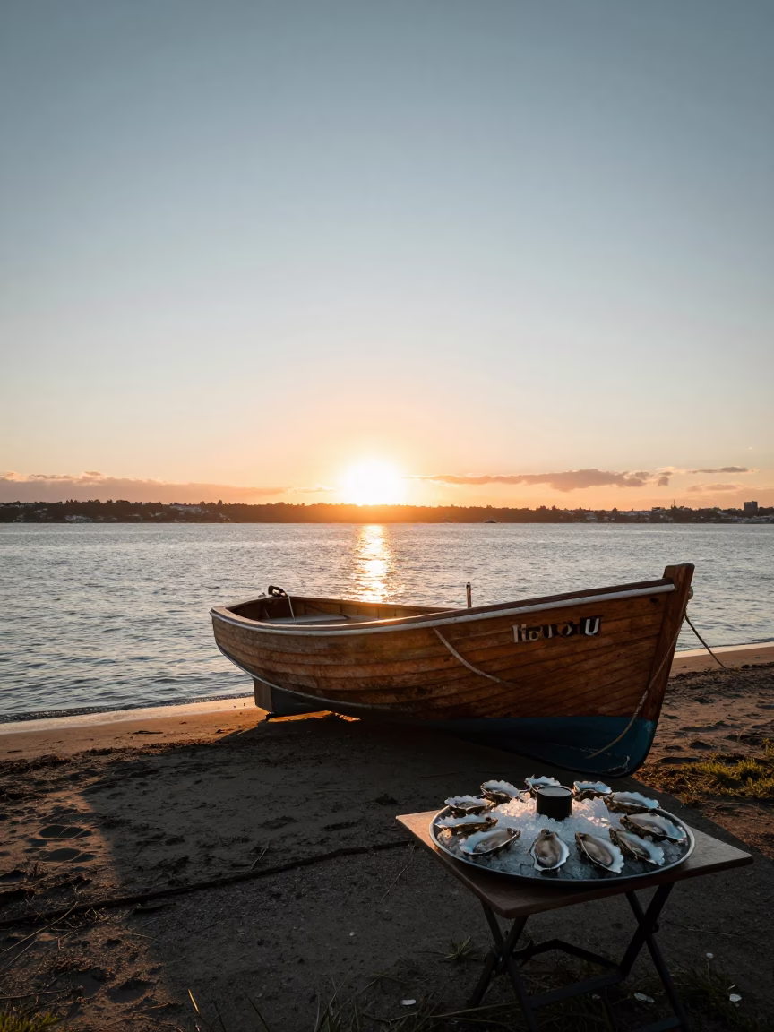 Waterfront Scene in Auckland at As The Sun Drops Toward The Horizon in in Auckland, New Zealand