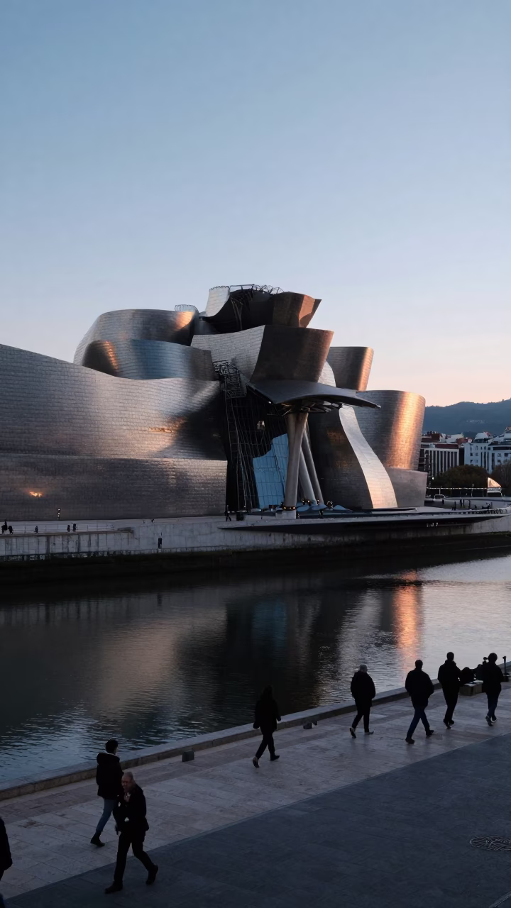 Waterfront Scene in Bilbao at Nautical Dawn Light in in Bilbao, Spain
