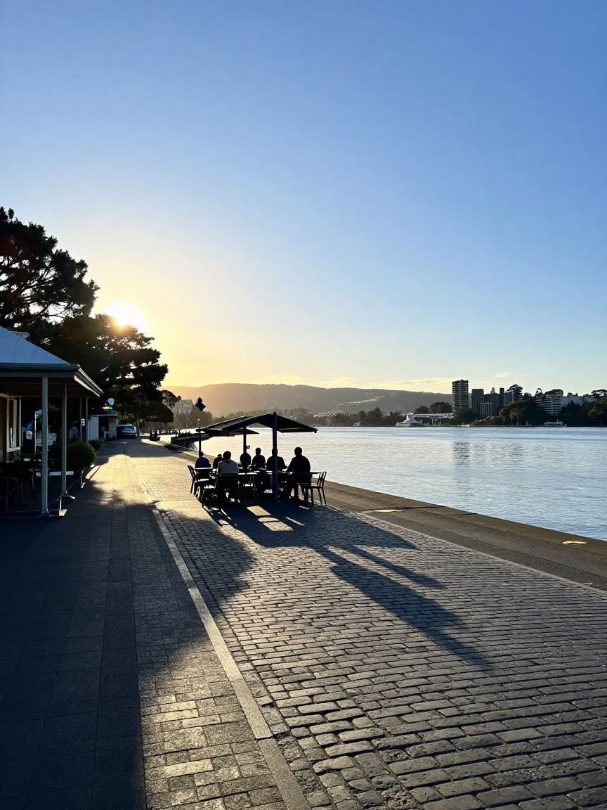 Waterfront Scene in Hobart at As First Light Reaches The Scene in in Hobart, Tasmania, Australia
