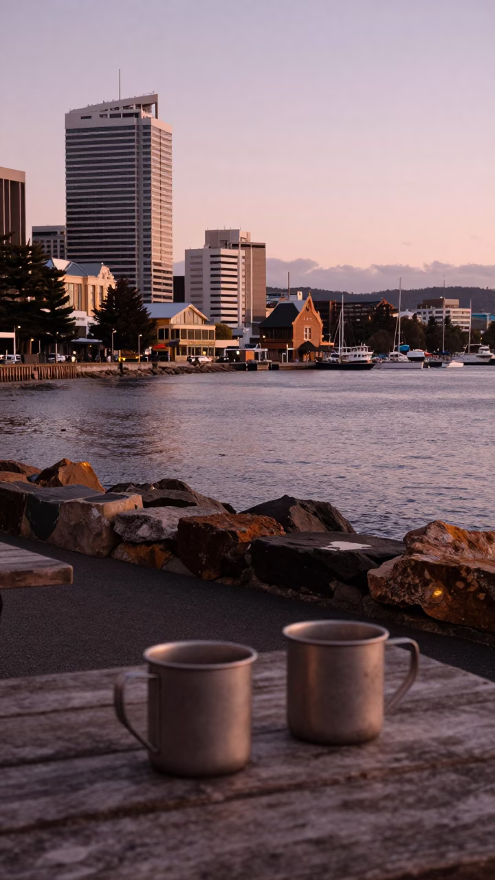 Waterfront Scene in Hobart at Copper-toned Light Before Dusk in in Hobart, Tasmania, Australia