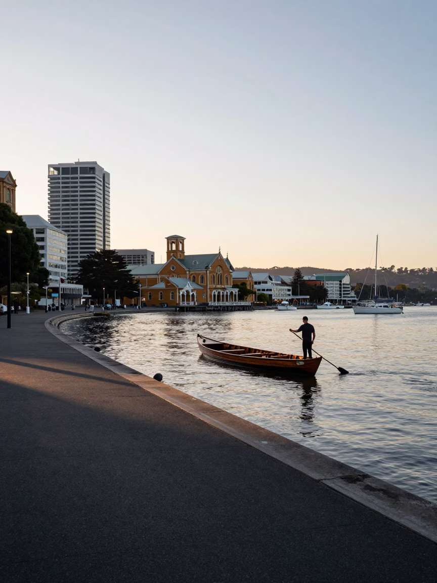 Waterfront Scene in Hobart at Nautical Dawn Light in in Hobart, Tasmania, Australia