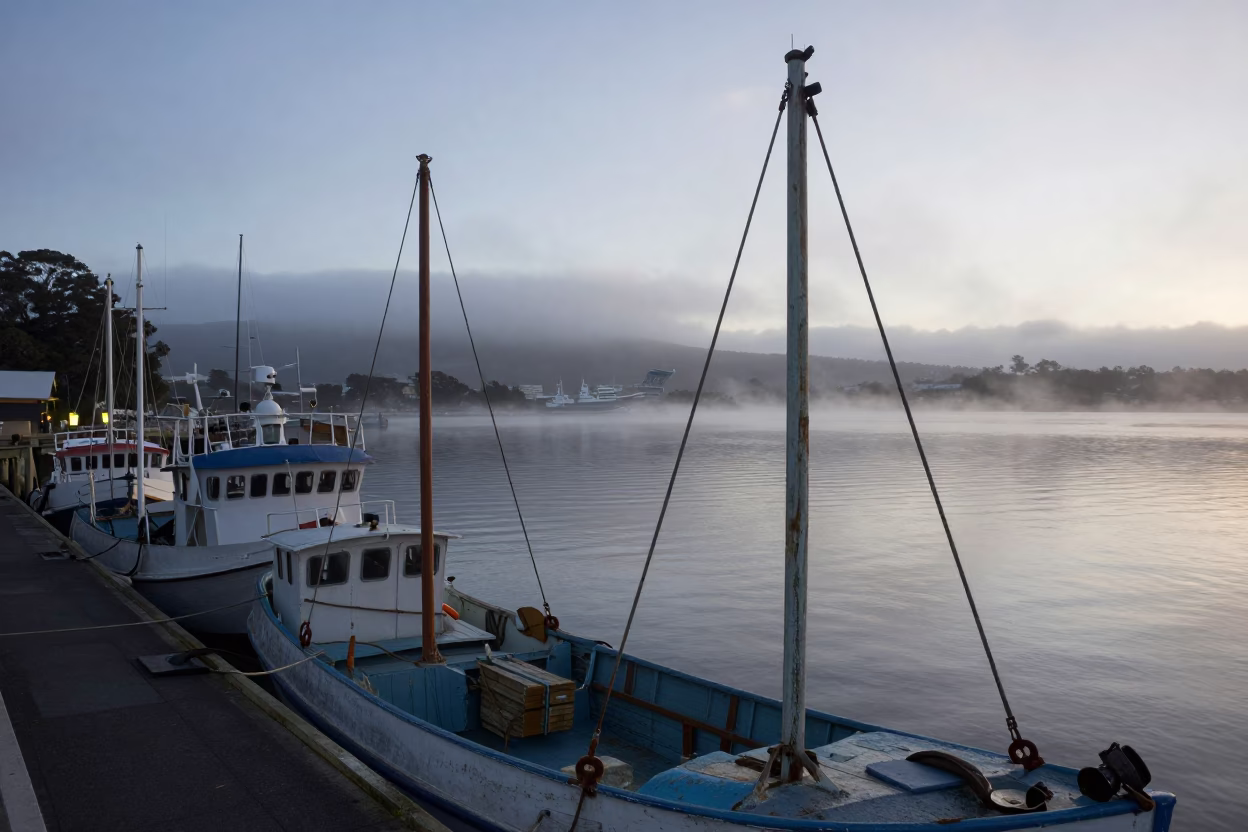 Waterfront Scene in Hobart at Sunrise Light in in Hobart, Tasmania, Australia